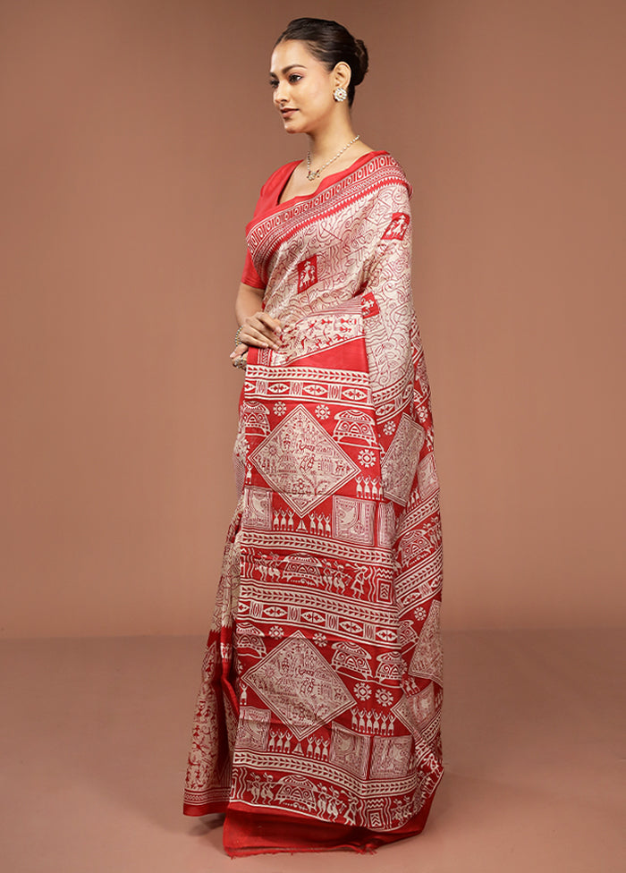 Red Printed Pure Silk Saree Without Blouse Piece