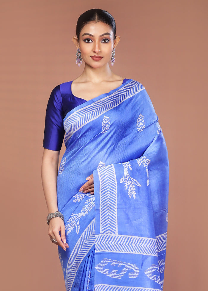 Blue Printed Pure Silk Saree Without Blouse Piece