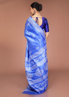 Blue Printed Pure Silk Saree Without Blouse Piece
