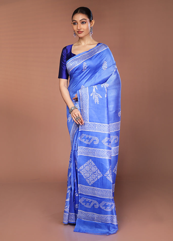 Blue Printed Pure Silk Saree Without Blouse Piece