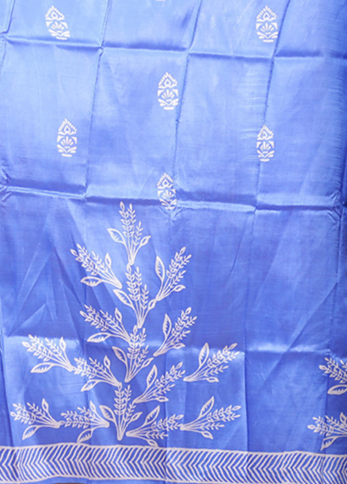 Blue Printed Pure Silk Saree Without Blouse Piece