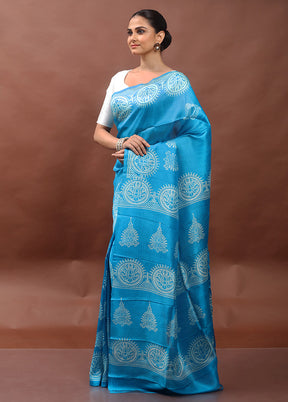 Blue Printed Pure Silk Saree Without Blouse Piece