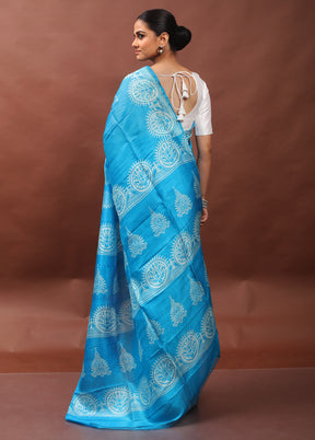 Blue Printed Pure Silk Saree Without Blouse Piece