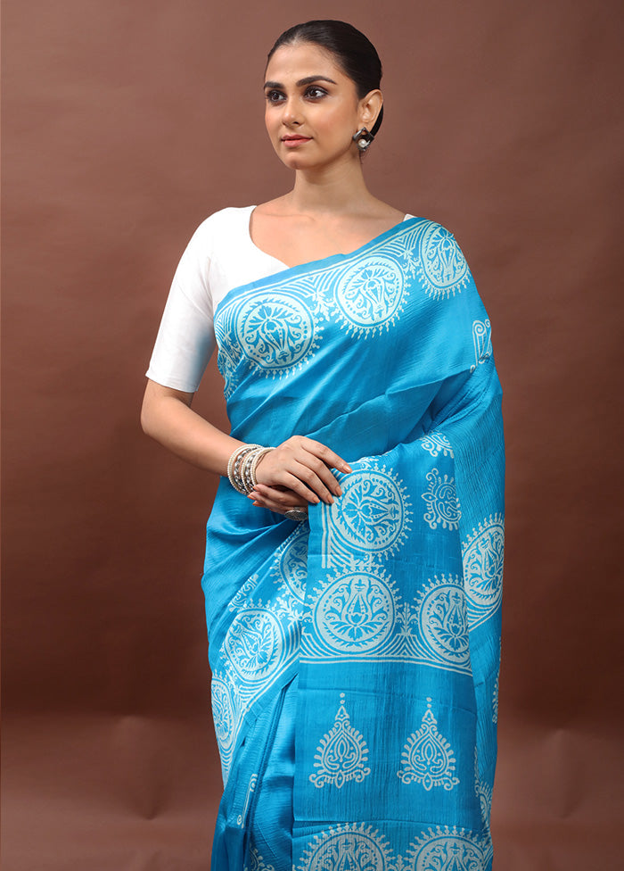 Blue Printed Pure Silk Saree Without Blouse Piece
