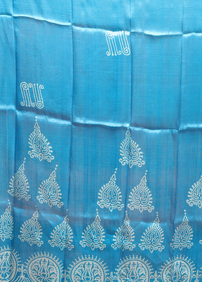 Blue Printed Pure Silk Saree Without Blouse Piece