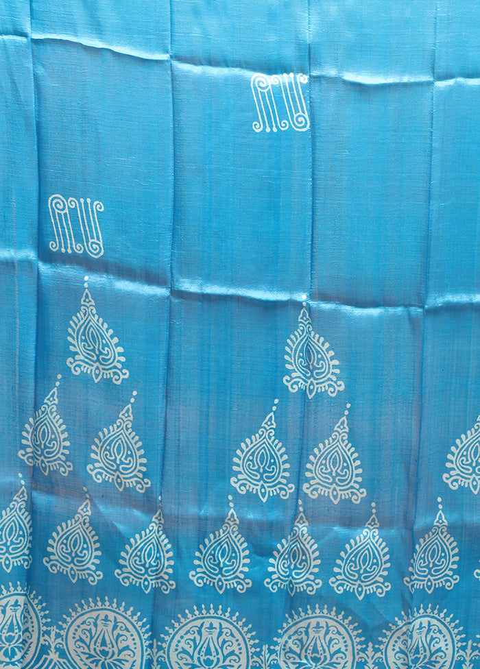 Blue Printed Pure Silk Saree Without Blouse Piece