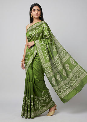 Green Printed Pure Silk Saree Without Blouse Piece