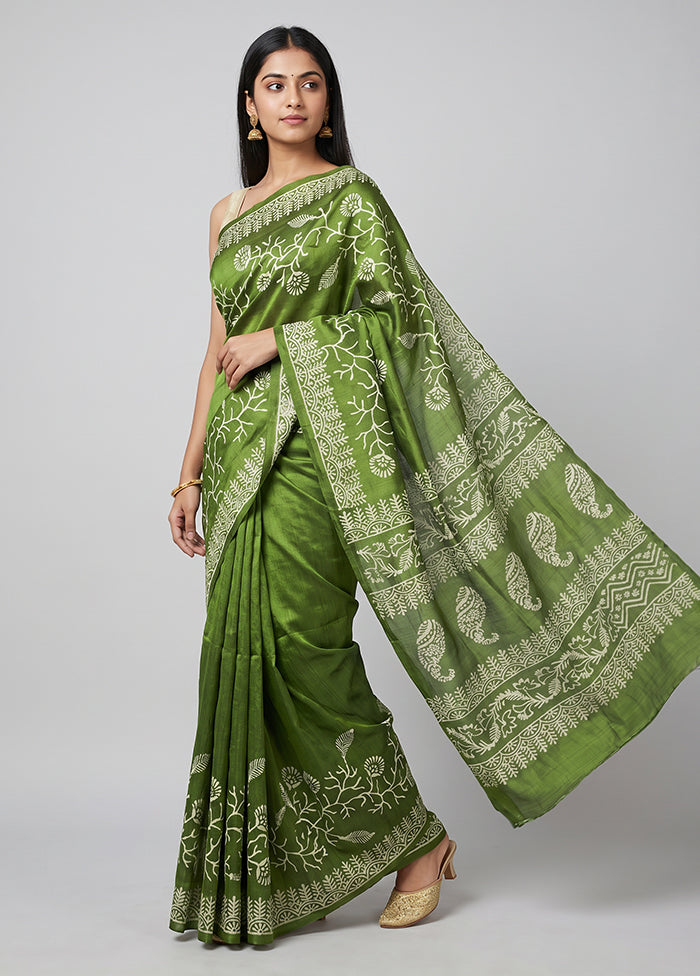 Green Printed Pure Silk Saree Without Blouse Piece