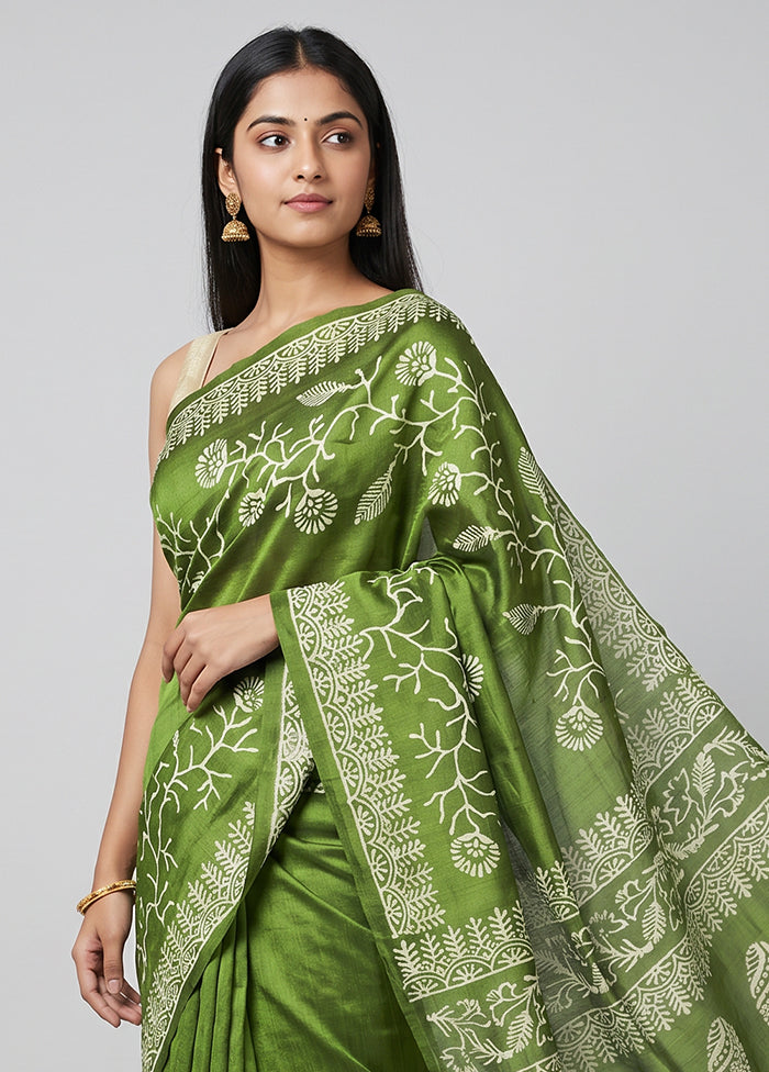 Green Printed Pure Silk Saree Without Blouse Piece