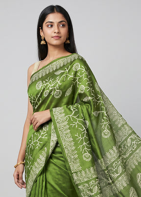 Green Printed Pure Silk Saree Without Blouse Piece