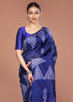 Blue Printed Pure Silk Saree Without Blouse Piece