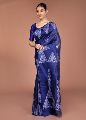 Blue Printed Pure Silk Saree Without Blouse Piece