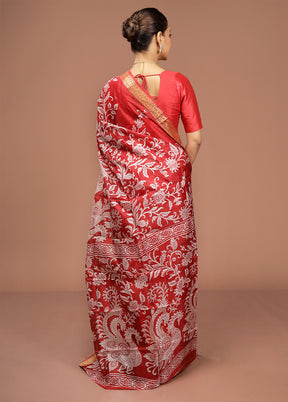 Red Printed Pure Silk Saree Without Blouse Piece