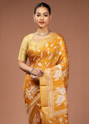 Yellow Printed Pure Silk Saree Without Blouse Piece