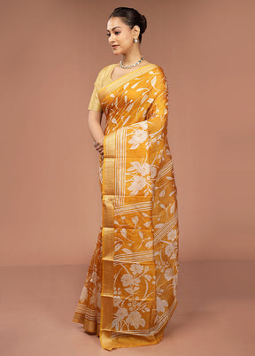 Yellow Printed Pure Silk Saree Without Blouse Piece