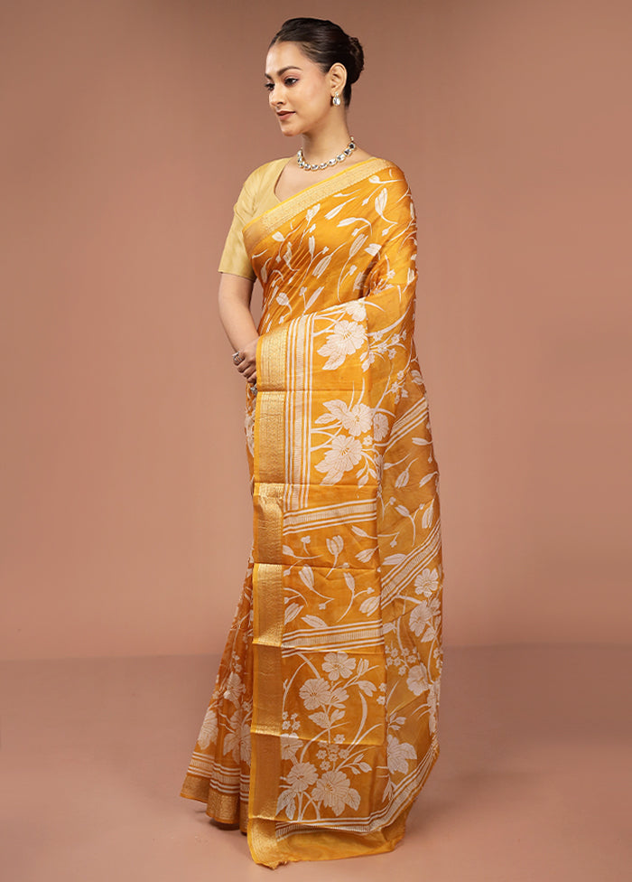 Yellow Printed Pure Silk Saree Without Blouse Piece