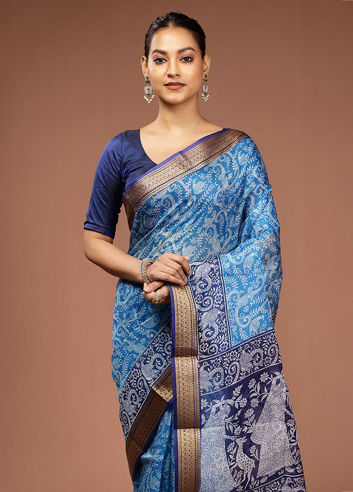 Blue Printed Pure Silk Saree Without Blouse Piece