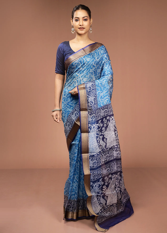 Blue Printed Pure Silk Saree Without Blouse Piece