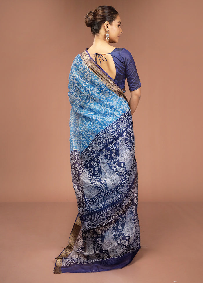 Blue Printed Pure Silk Saree Without Blouse Piece
