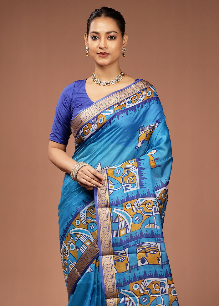 Blue Printed Pure Silk Saree Without Blouse Piece