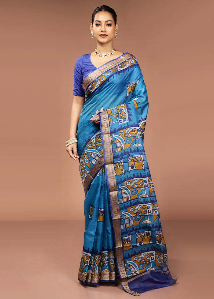Blue Printed Pure Silk Saree Without Blouse Piece