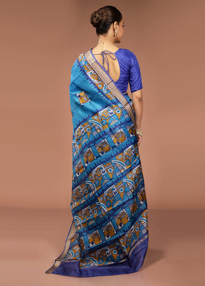 Blue Printed Pure Silk Saree Without Blouse Piece