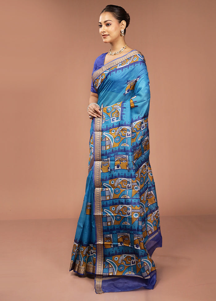 Blue Printed Pure Silk Saree Without Blouse Piece