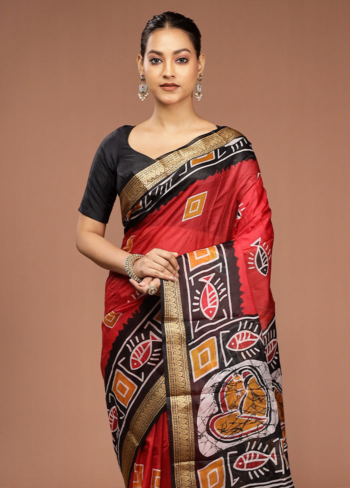 Red Printed Pure Silk Saree Without Blouse Piece
