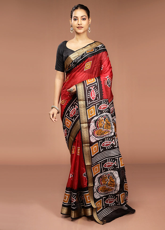 Red Printed Pure Silk Saree Without Blouse Piece