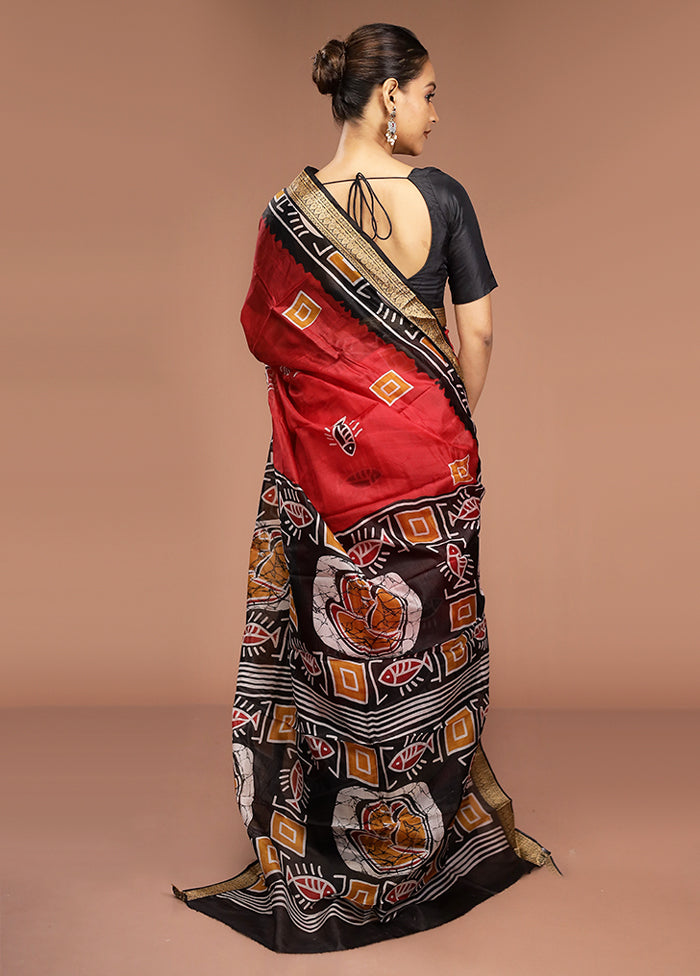 Red Printed Pure Silk Saree Without Blouse Piece