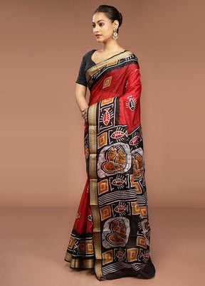 Red Printed Pure Silk Saree Without Blouse Piece