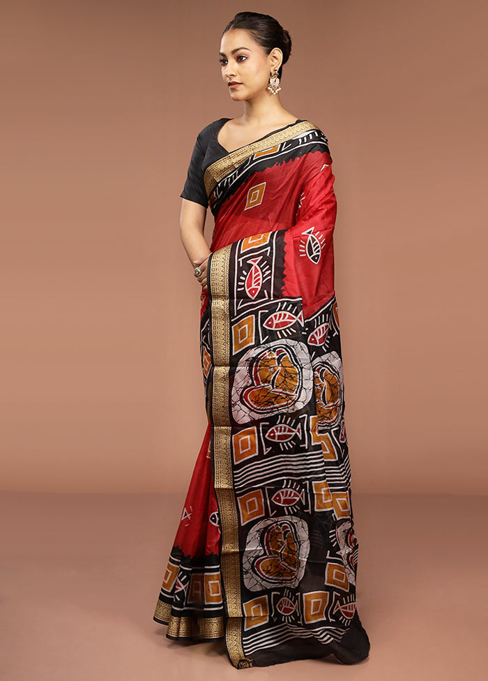 Red Printed Pure Silk Saree Without Blouse Piece