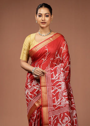Red Printed Silk Saree With Blouse Piece