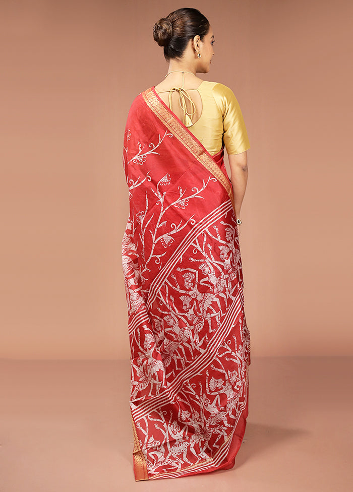 Red Printed Silk Saree With Blouse Piece