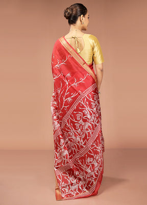 Red Printed Silk Saree With Blouse Piece