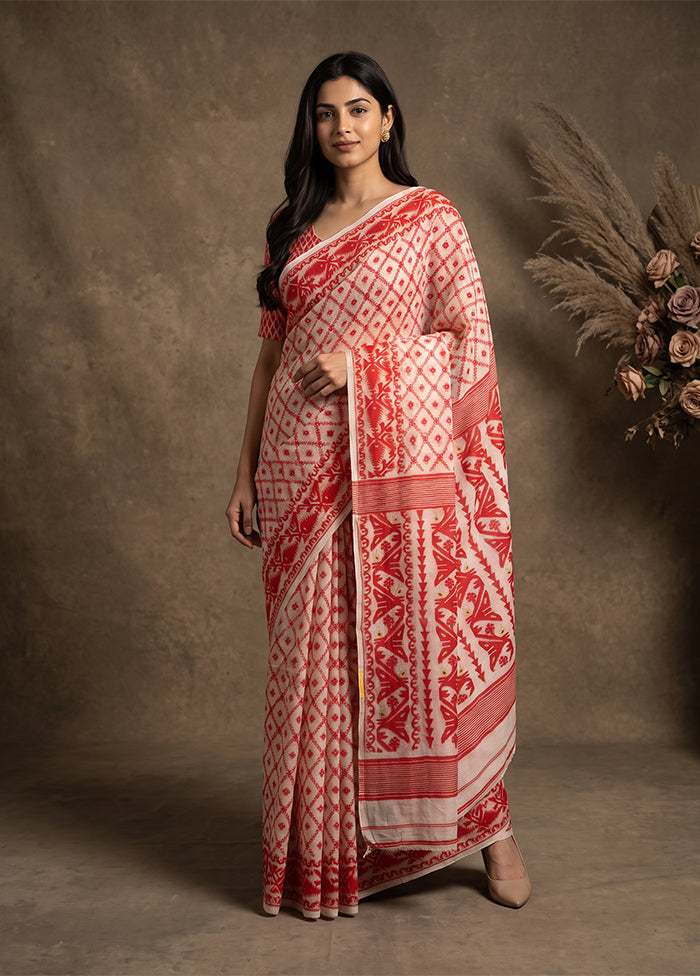 White Jamdani Cotton Saree Without Blouse Piece