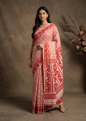 White Jamdani Cotton Saree Without Blouse Piece
