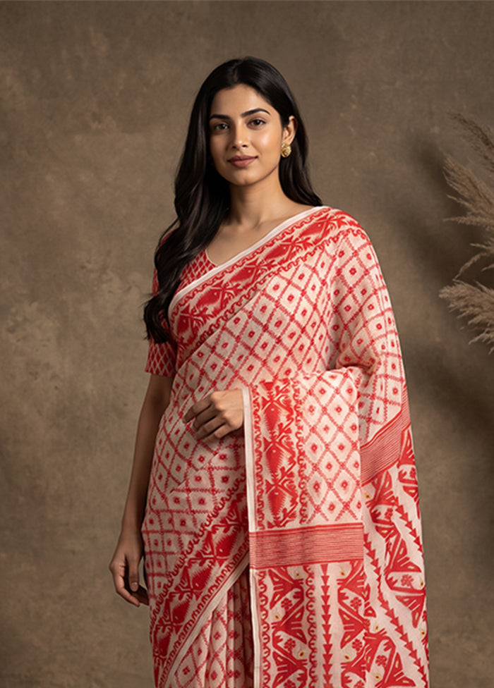 White Jamdani Cotton Saree Without Blouse Piece