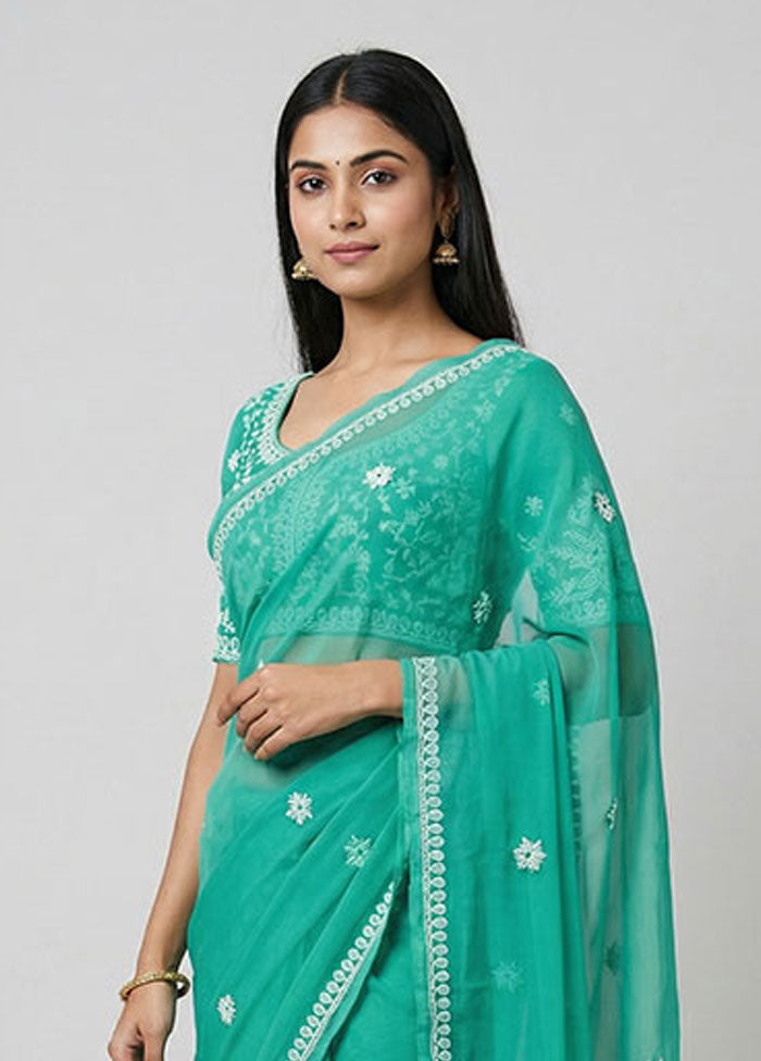 Green Chiffon Silk Saree With Blouse Piece