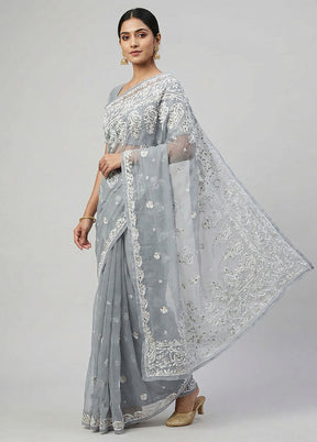 Grey Chiffon Silk Saree With Blouse Piece