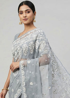 Grey Chiffon Silk Saree With Blouse Piece