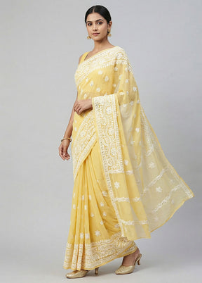 Cream Chiffon Silk Saree With Blouse Piece