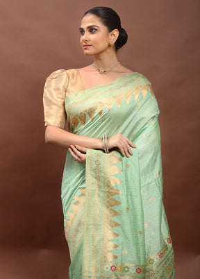 Green Dupion Silk Saree With Blouse Piece