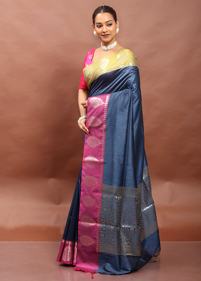 Blue Cotton Saree With Blouse Piece