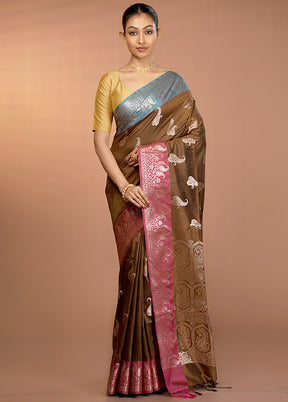 Brown Dupion Silk Saree With Blouse Piece