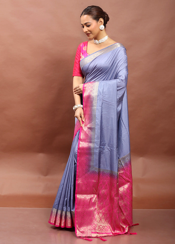Blue Dupion Silk Saree With Blouse Piece