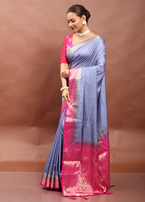 Blue Dupion Silk Saree With Blouse Piece