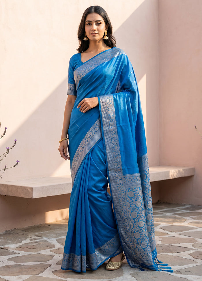 Blue Dupion Silk Saree With Blouse Piece