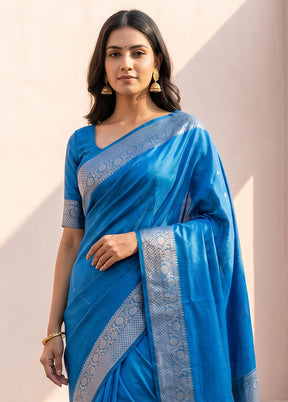 Blue Dupion Silk Saree With Blouse Piece