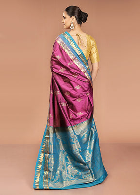 Purple Handloom Kanjivaram Pure Silk Saree With Blouse Piece